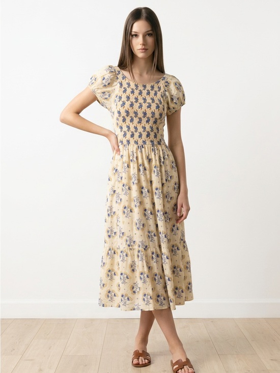 Bila Dresses & Skirts - Bila Yellow Floral Smocked Midi Dress with Puff Sleeves